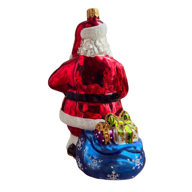 Sběratelská skleněná ozdoba na stromeček Santa s dárky u komína