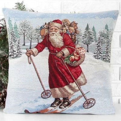 Gobelínový vánoční povlak na polštář s motivem  Santa na lyžích 45x45 cm