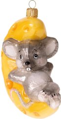 Zberateľská sklenená ozdoba na stromček Myš na syrovom mesiaci