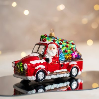 Sběratelská skleněná ozdoba na stromeček Santa veze dárky