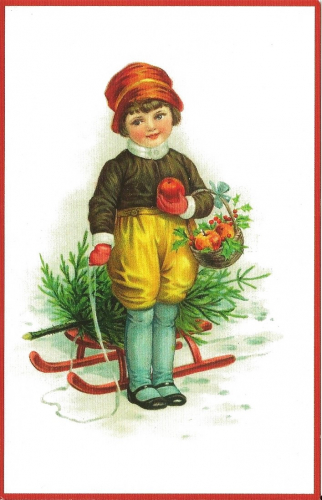 Christmas card Child with sleigh