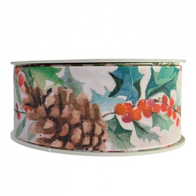 Christmas fabric ribbon Cones and berries 3,8 cm x 15 metres