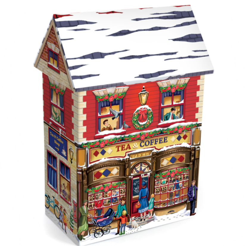 Plechová dóza Dům s prodejnou "Káva a čaj"