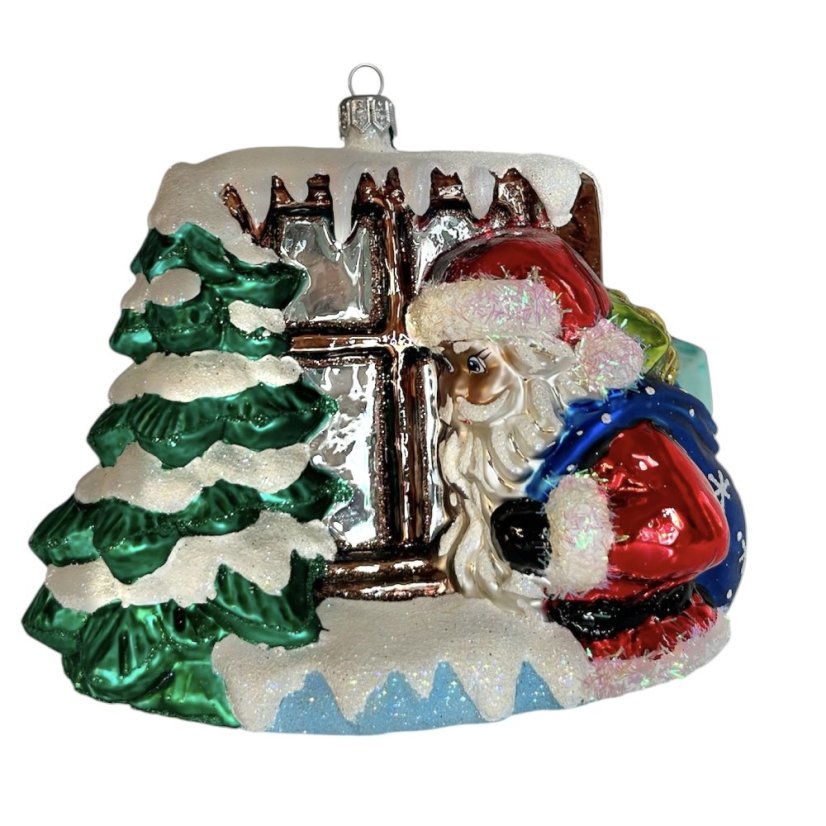 Sběratelská skleněná ozdoba na stromeček Santa u okna