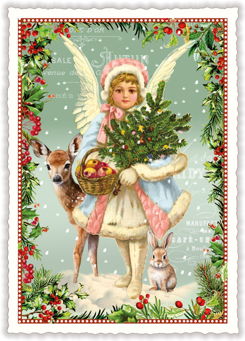 Vianočná pohľadnica Anjel s vianočným stromčekom 10,5 x 15 cm