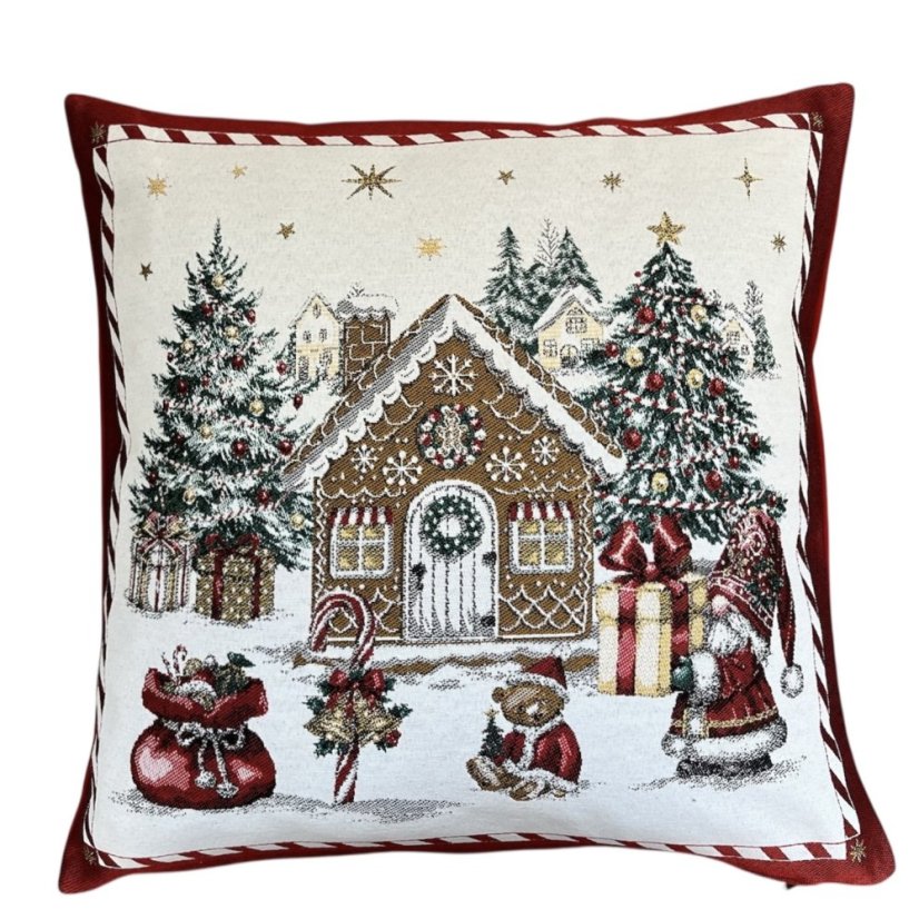 Žakárový vánoční povlak na polštář s motivem Perníková chaloupka 50x50 cm