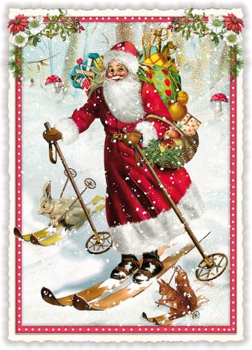 Vianočné pohľadnice Santa na lyžiach 10,5 x 15 cm