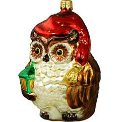 Collectible glass tree ornament Brown owl with lantern