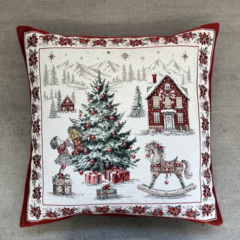 Žakárový vánoční povlak na polštář s motivem Zdobení stromečku 50x50 cm