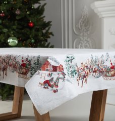 Tapestry Christmas tablecloth with Santa on a sleigh