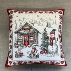 Žakárový vánoční povlak na polštář s motivem Sněhulák 50x50 cm