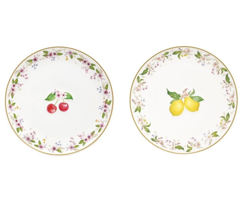 Zestaw 2 porcelanowych talerzy deserowych Wiśnie i cytryny 16 cm