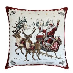 Žakárová vianočná obliečka na vankúš so Santom na saniach 50x50 cm