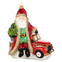 Zberateľská sklenená ozdoba na stromček Santa s autom
