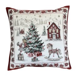 Žakárový vánoční povlak na polštář s motivem Zdobení stromečku 50x50 cm