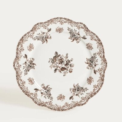 Großer, flacher Porzellanteller „Braune Blumen“, 27 cm