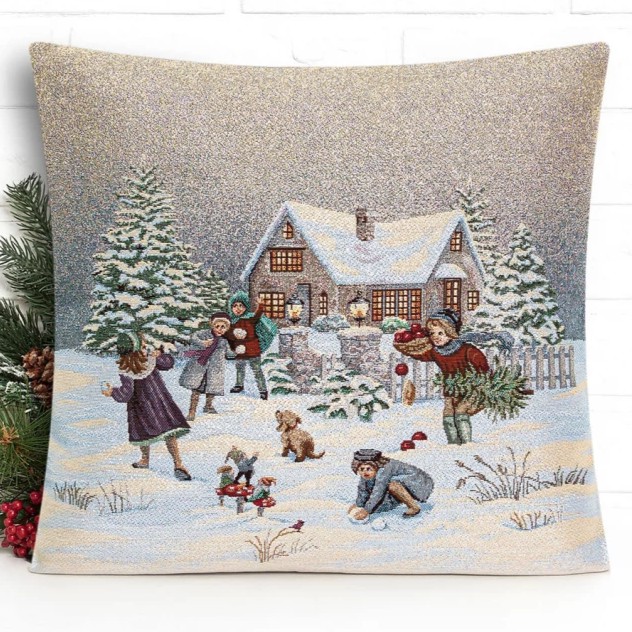 Gobelínový vánoční povlak na polštář s motivem Zimní radovánky 45x45 cm