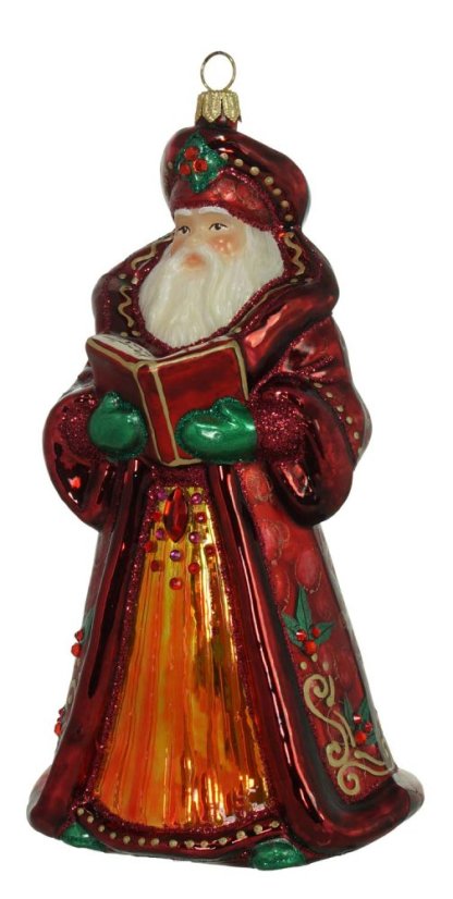 Zberateľská sklenená ozdoba na stromček Santa s knihou