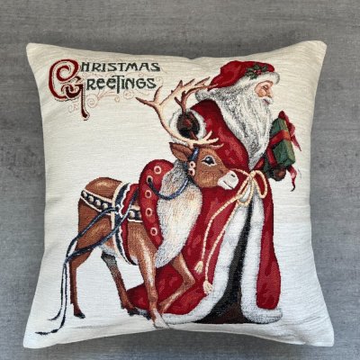 Gobelinowa świąteczna poszewka na poduszkę z motywem Mikołaja i renifera 45x45 cm
