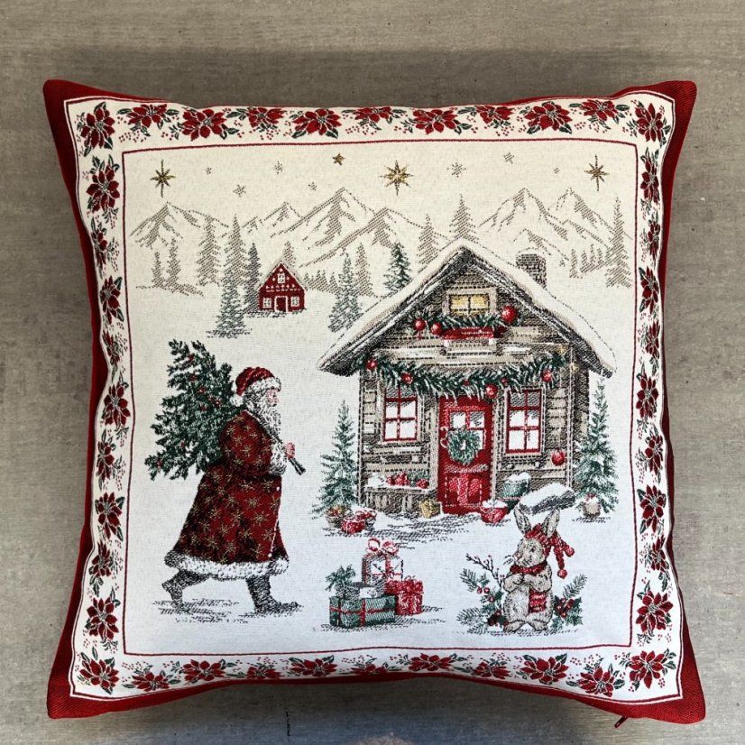 Žakárový vánoční povlak na polštář s motivem Santa se stromkem 50x50 cm