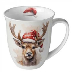 Porcelánový vánoční hrnek Jelen ve vánoční čepici 400 ml
