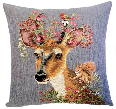 Gobelínový povlak na polštář Jelen s květinovým dekorem šedý 45x45 cm Gobelínový povlak na polštář Jelen s květinovým dekorem šedý 45x45 cm