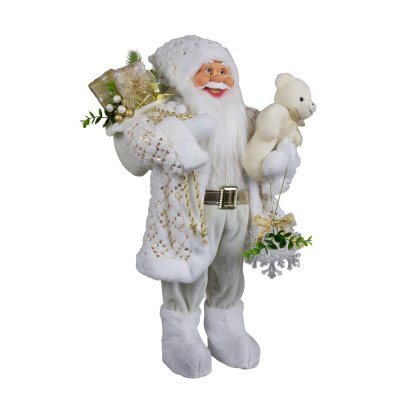 Vánoční dekorace Santa bílo-zlatý s medvídkem 60 cm