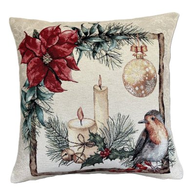 Gobelinowa świąteczna poszewka na poduszkę z motywem ptaka na gałęzi 45x45 cm