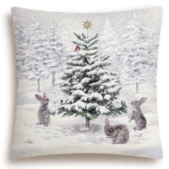 Gobelínový vánoční povlak na polštář s motivem V zasněženém lese - třpytivý 45x45 cm