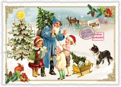 Christmas card Santa and children 10,5 x 15 cm