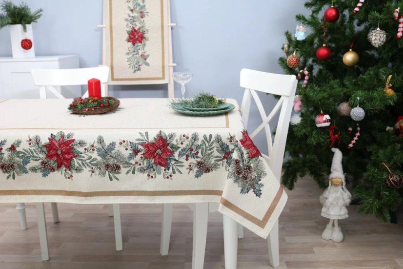 Vánoční ubrus s motivem Vánoční hvězda s šiškami - Velikost: 140x260 cm