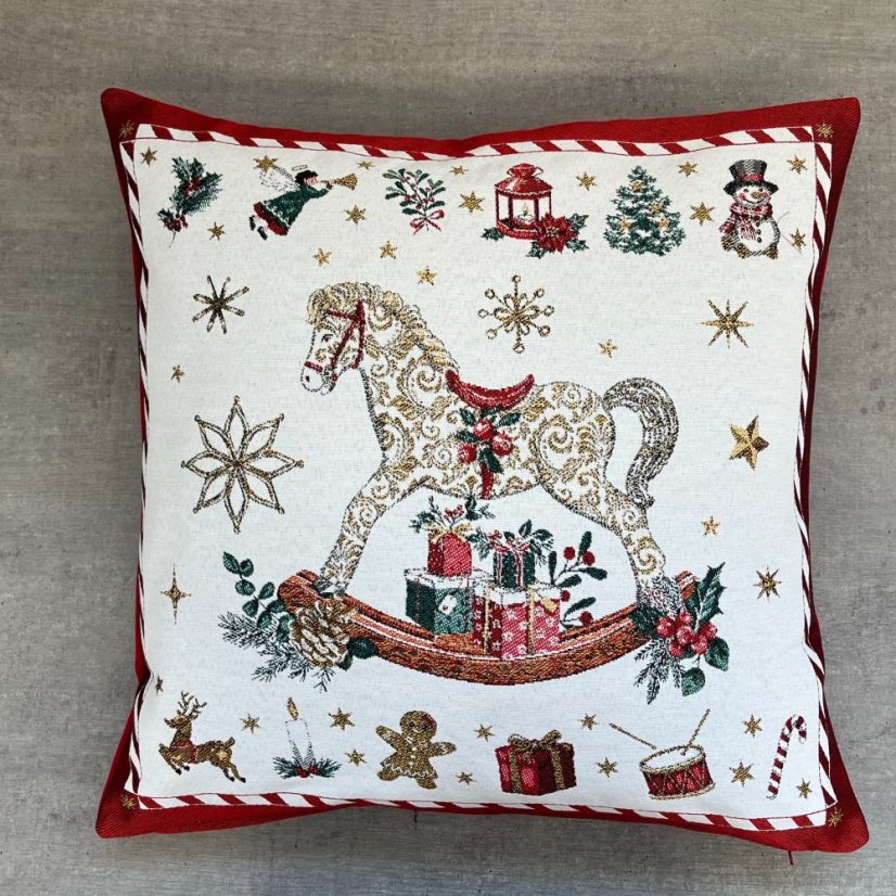 Žakárový vánoční povlak na polštář s motivem Houpací koník 50x50 cm