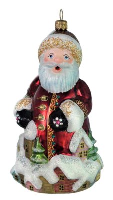 Sběratelská skleněná ozdoba na stromeček Santa nad městem