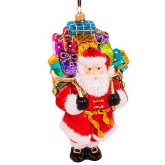 Zberateľská sklenená ozdoba na stromček Santa s vreckom darčekov