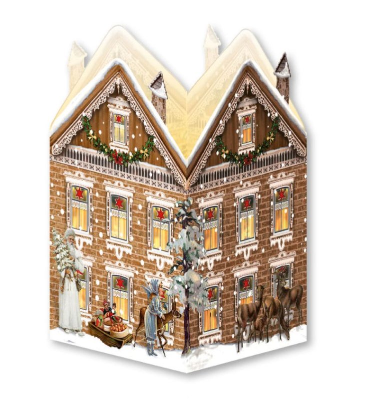 Pohlednicový mini adventní kalendář s lucernou Nostalgický vánoční domeček 16,5 x 11,5 cm