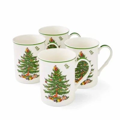 Set of porcelain mugs Retro Christmas tree 4 pcs