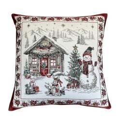 Žakárový vánoční povlak na polštář s motivem Sněhulák 50x50 cm