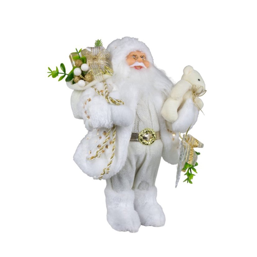 Vánoční dekorace Santa bílo-zlatý s medvídkem 30 cm