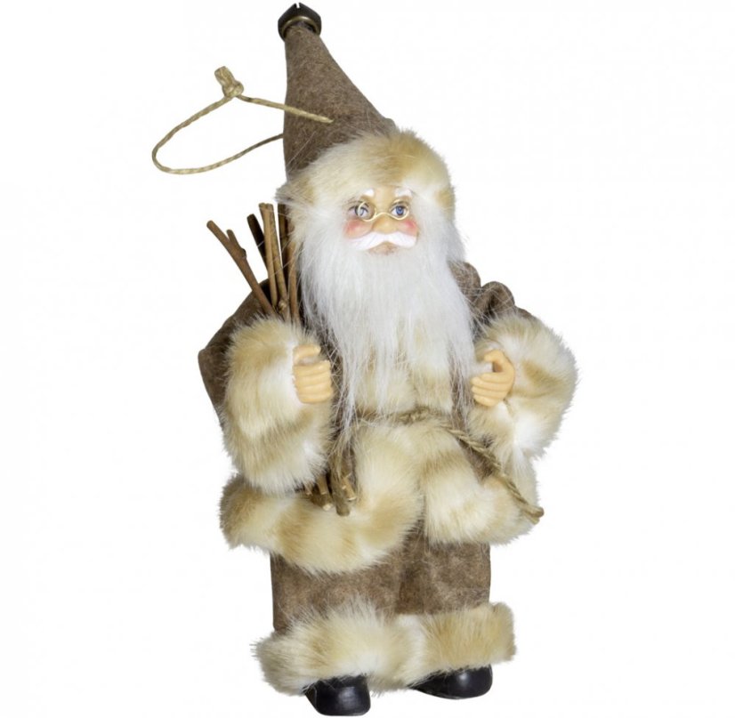 Ozdoba na stromeček Santa v hnědém kabátku 18 cm - Druh: s dárky