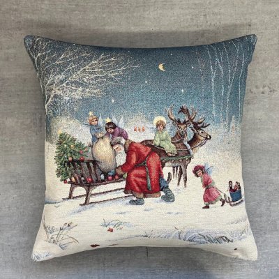 Gobelinowa świąteczna poszewka na poduszkę z Mikołajem i aniołkami 45x45 cm