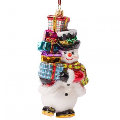 Collectible glass tree ornament Snowman with a pile of gifts