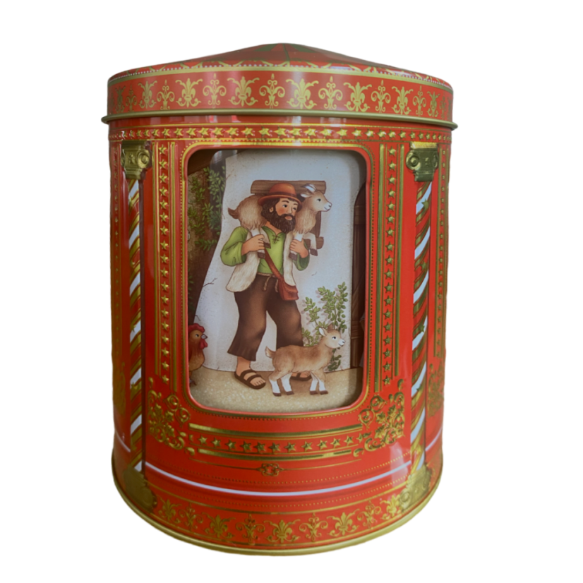 Plechová dóza s hrací skříňkou "V Betlémě"