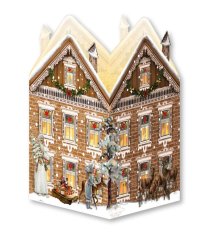 Pohlednicový mini adventní kalendář s lucernou Nostalgický vánoční domeček 16,5 x 11,5 cm