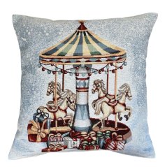 Gobelínová vianočná obliečka na vankúš s motívom vianočného kolotoča 45x45 cm