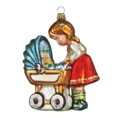 Sběratelská skleněná ozdoba na stromeček Dívka s kočárkem