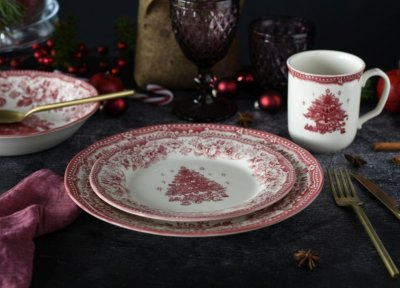 Ceramic Christmas dinner set for 6 people – Christmas Tree – red, 18 pieces