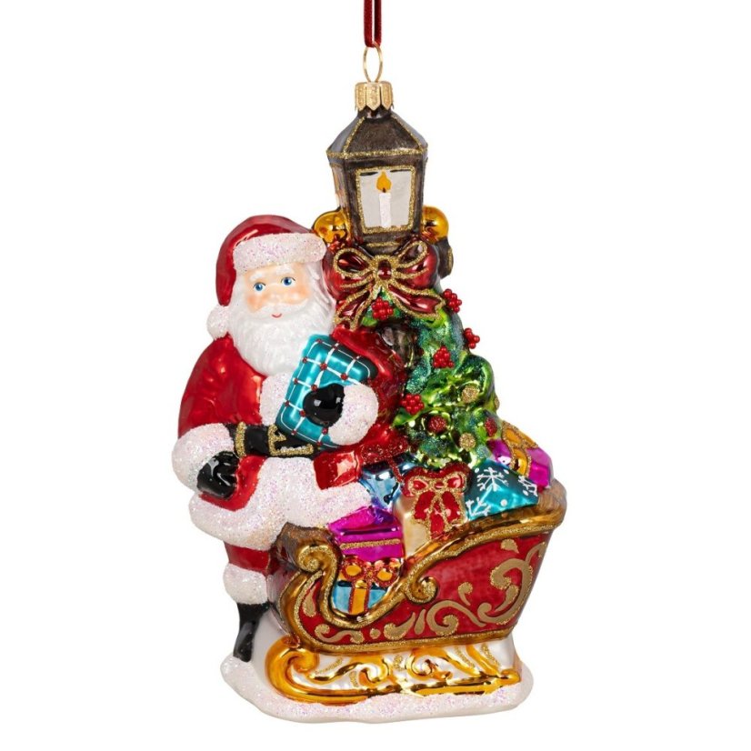 Sběratelská skleněná ozdoba na stromeček Santa se saněmi