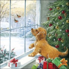 Christmas paper napkins Puppies at the window 20 pcs