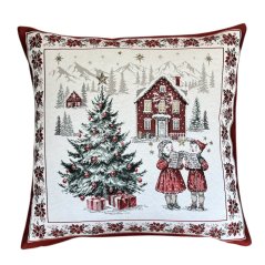 Žakárová vianočná obliečka na vankúš s motívom koledníkov 50x50 cm