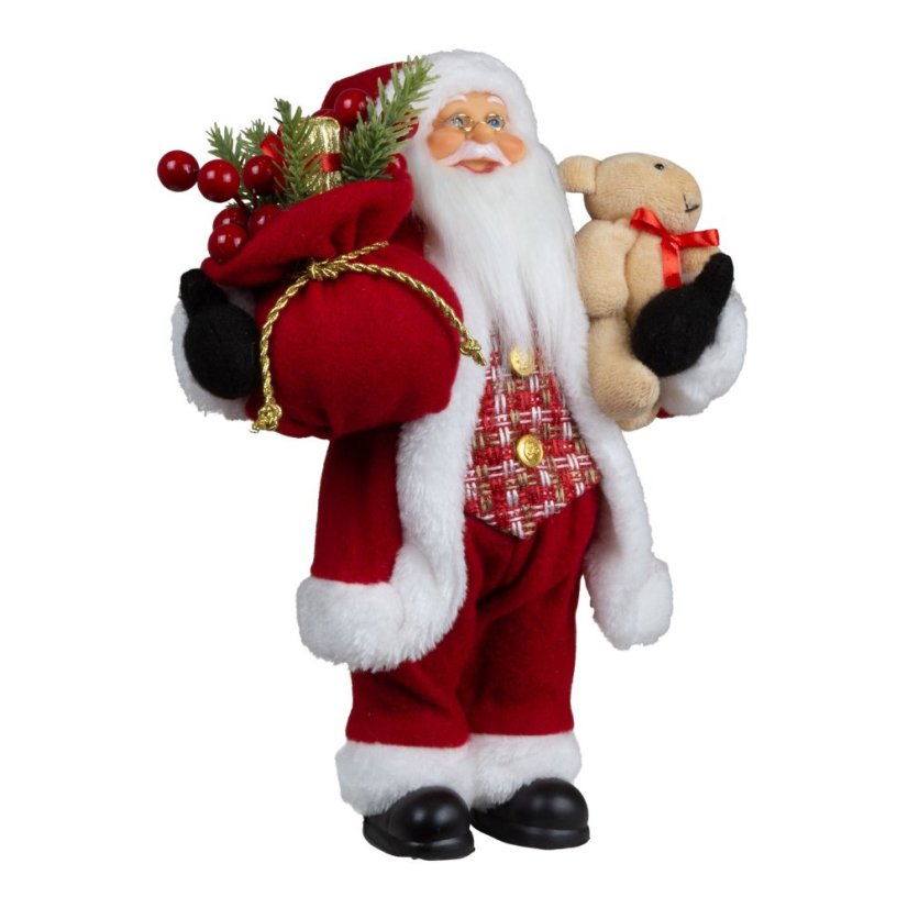 Vánoční dekorace Santa s medvídkem a pytlem 30 cm